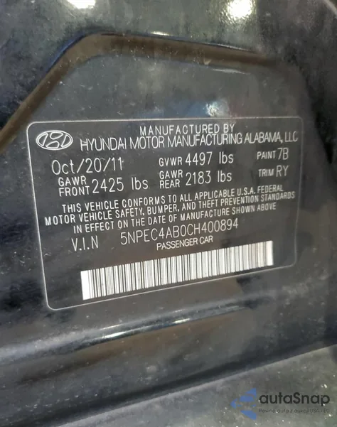 2012 Hyundai Sonata Se из США, поврежденный, VIN 5NPEC4AB0CH400894